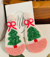 Beaded Christmas Tree Earrings White and Pink