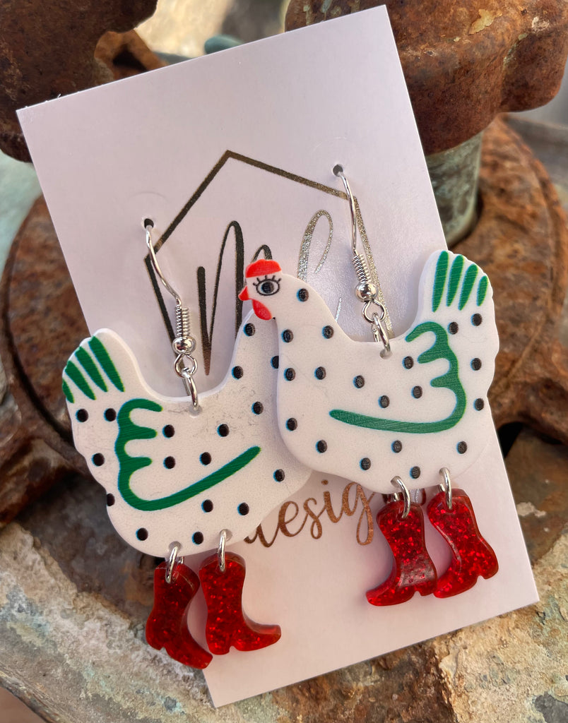 Acrylic Boot Big Rooster Earrings - Colorful Chicken Dangle Earrings, Funny Novelty Earrings For Women & Girls