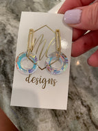 Iridescent circle Earrings with a Gold Rectangle Top