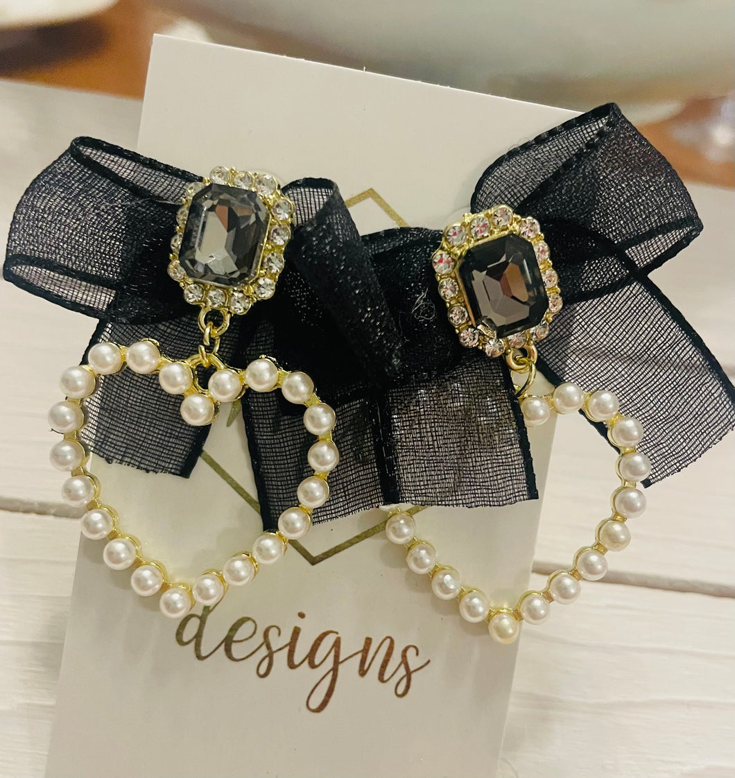 Black Bow Pearl Earrings