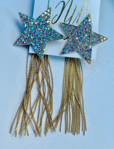 Rhinestone Star Earrings with Small Chain Tassels