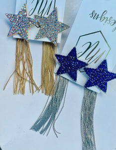 Rhinestone Star Earrings with Small Chain Tassels