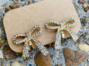 Gold Jewel Rhinestone Bow Earrings