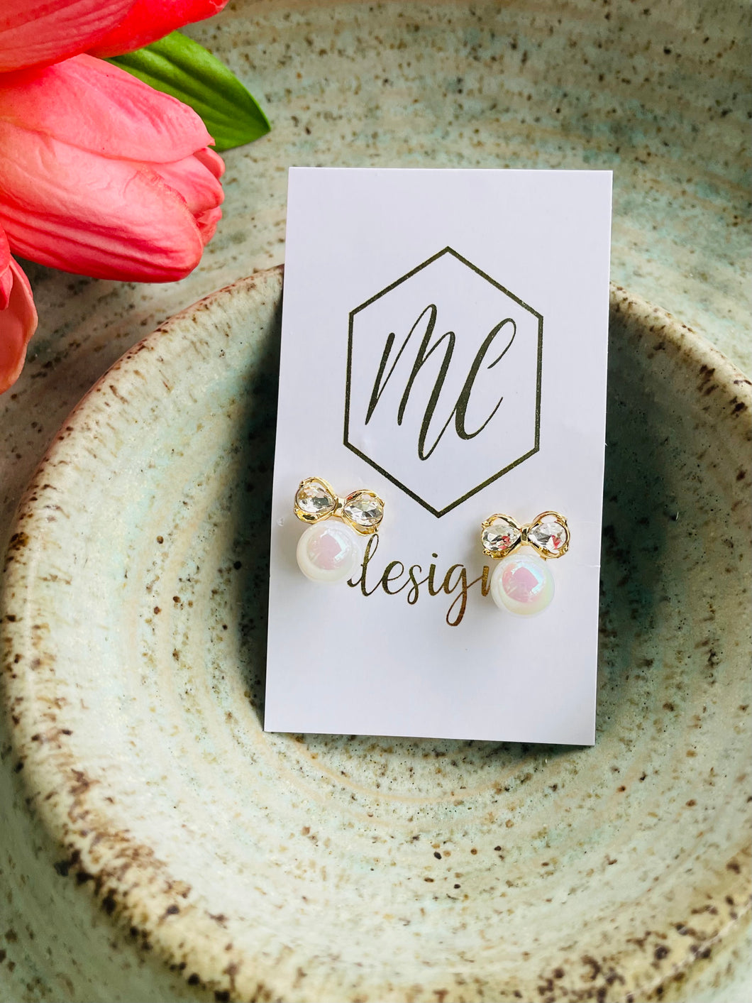 Iridescent Pearl Earrings with Bow
