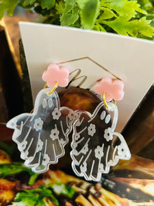 Pink Flower and Clear Ghost Earrings