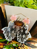 Pink Flower and Clear Ghost Earrings