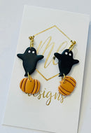 Clay Black Ghost and Pumpkin Earrings