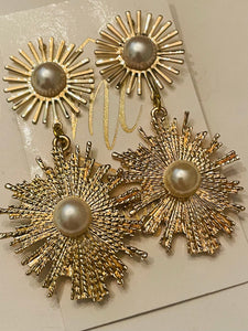 Gold Sunburst and Pearl Earrings
