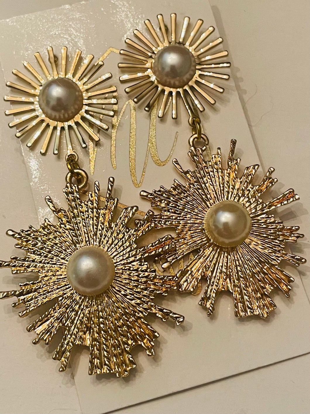 Gold Sunburst and Pearl Earrings