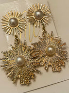 Gold Sunburst and Pearl Earrings