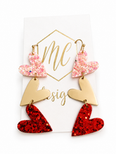 Triple Glitter and Gold Valentine Heart Earrings