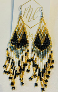 Black and Gold Beaded Fringe Earrings