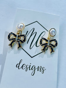 Gold Jewel Rhinestone Bow Earrings