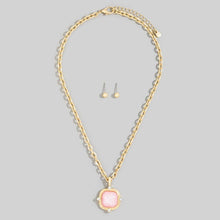 Square Faceted Stone Pendant Chain Necklace Set