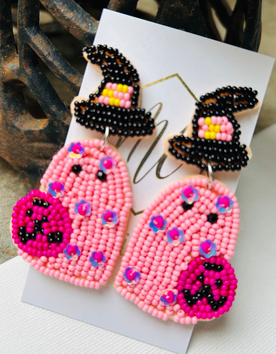 Pink Ghost Seed Bead Halloween Earrings