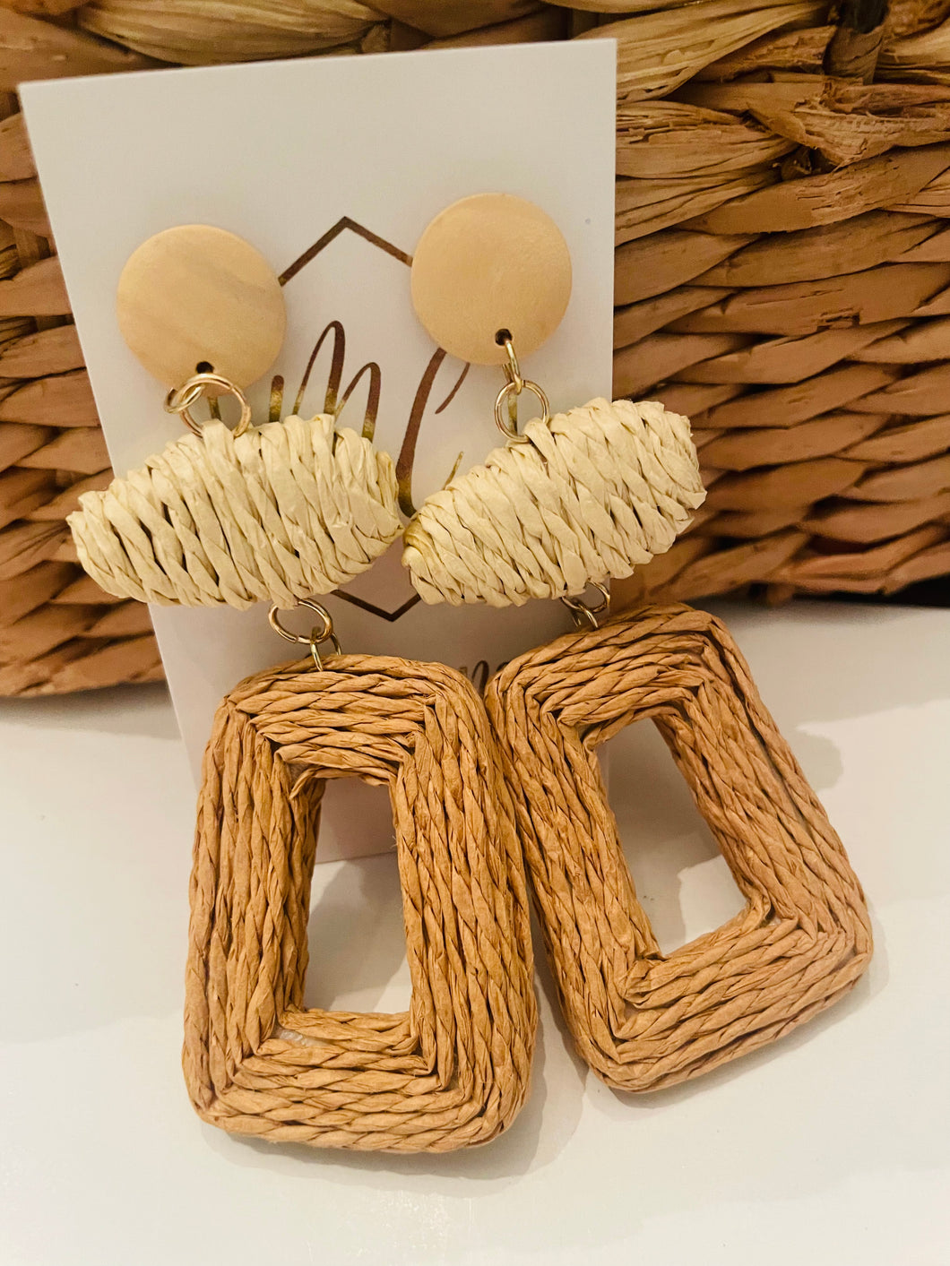 Tan and Brown Rattan Earrings