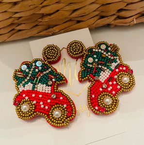 Seed Bead Red Christmas Truck with Christmas Tree Earrings