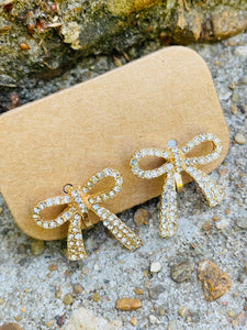 Gold Jewel Rhinestone Bow Earrings