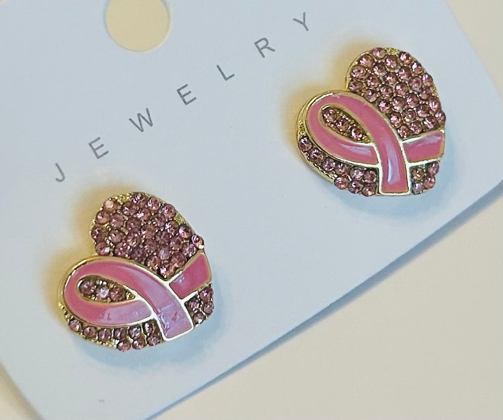 Heart Pink Ribbon Studs