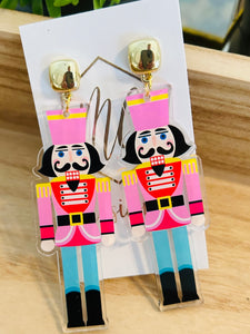 Pink and Teal Acrylic Nutcracker Christmas Earrings