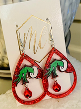 Oval Red Glitter Grinch Christmas Ornament Earrings