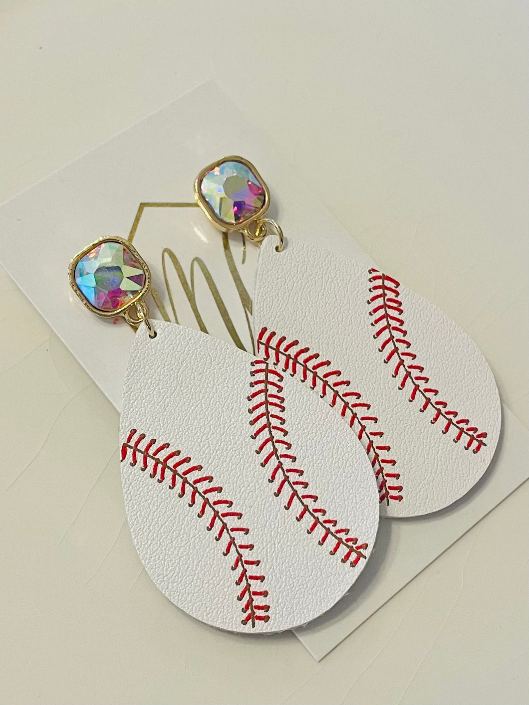Leather Baseball Earrings with Iridescent Tops