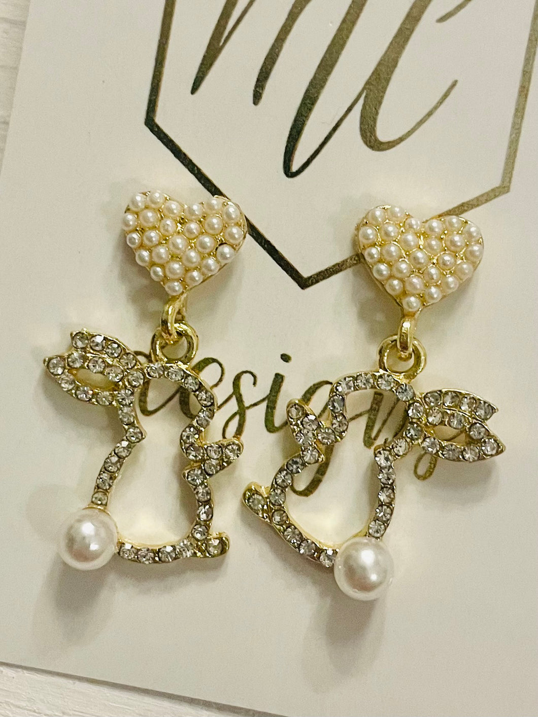 Small Pearl and Rhinestone Bunny Earrings