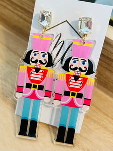 Pink and Teal Acrylic Nutcracker Christmas Earrings