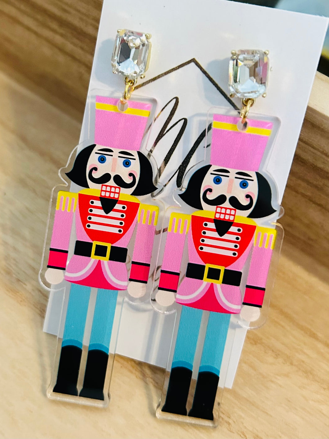 Pink and Teal Acrylic Nutcracker Christmas Earrings