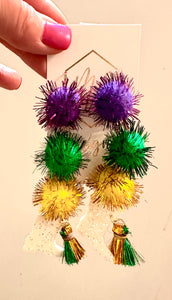 Mardi Gras Pom Pom Balls and Boots Earrings