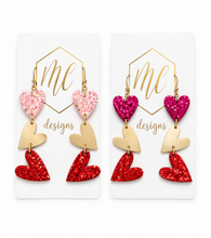 Triple Glitter and Gold Valentine Heart Earrings