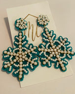Beaded Blue and White Snowflake Earrings