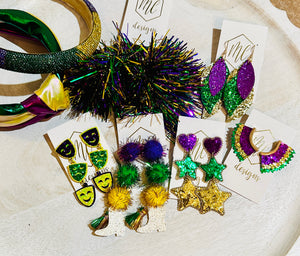 Mardi Gras Pom Pom Balls and Boots Earrings