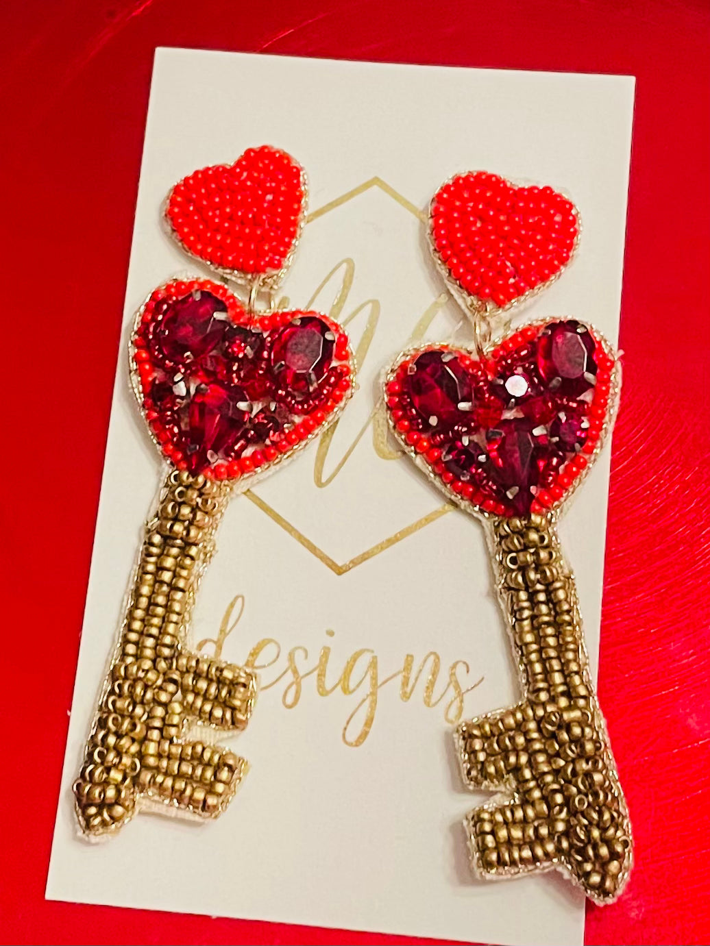 Beaded Key Heart Earrings