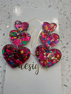 Triple Heart Glitter Acrylic Valentine Earrings -Descending