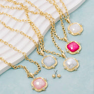 Square Faceted Stone Pendant Chain Necklace Set