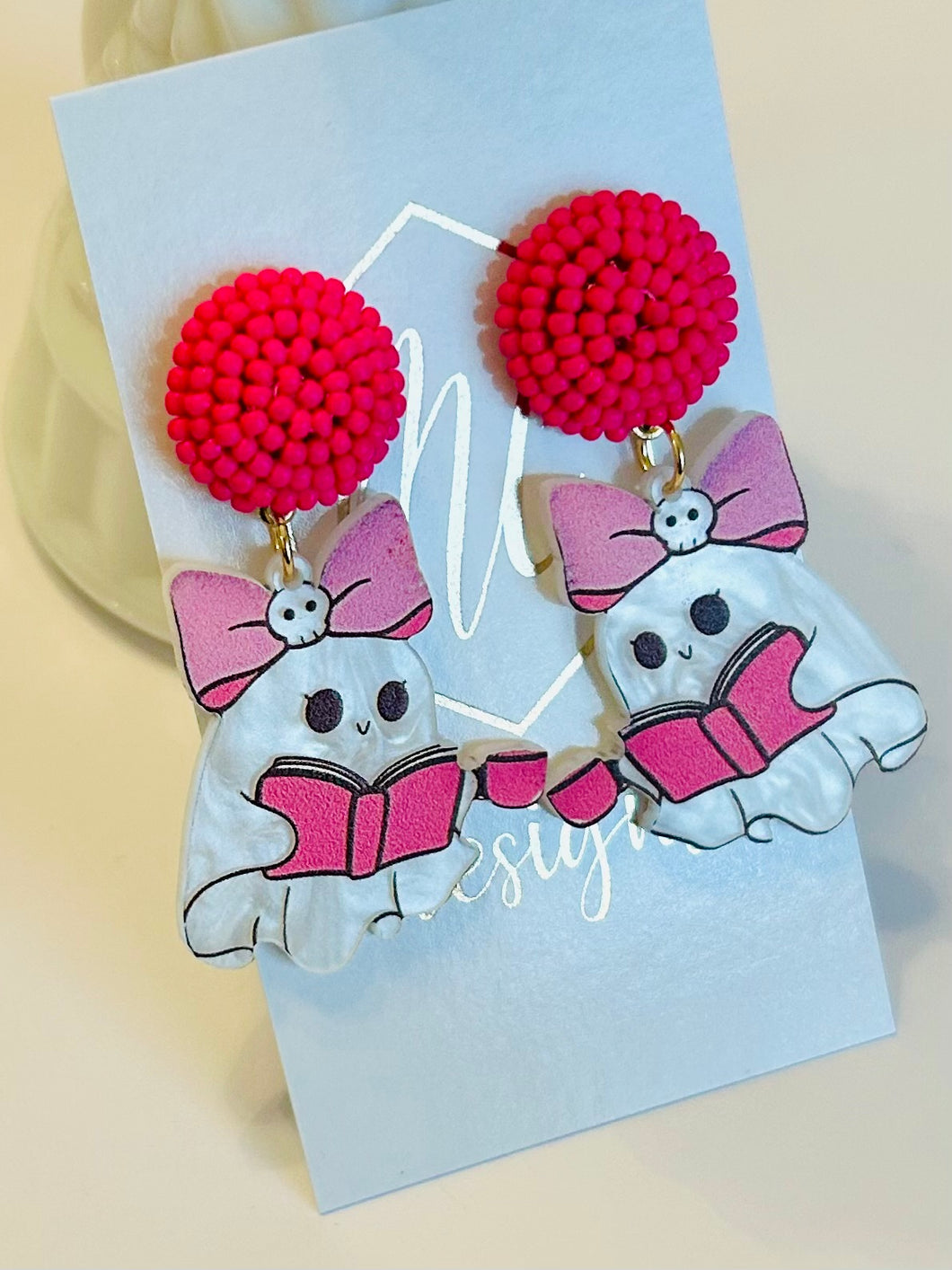 Acrylic Ghost Earrings with Pink Bows