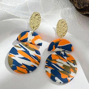 Triple bright orange/white/blue clay earrings