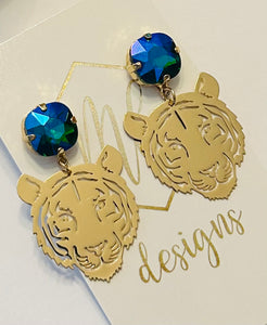 Small Gold Tiger Earrings with Rhinestone Tops