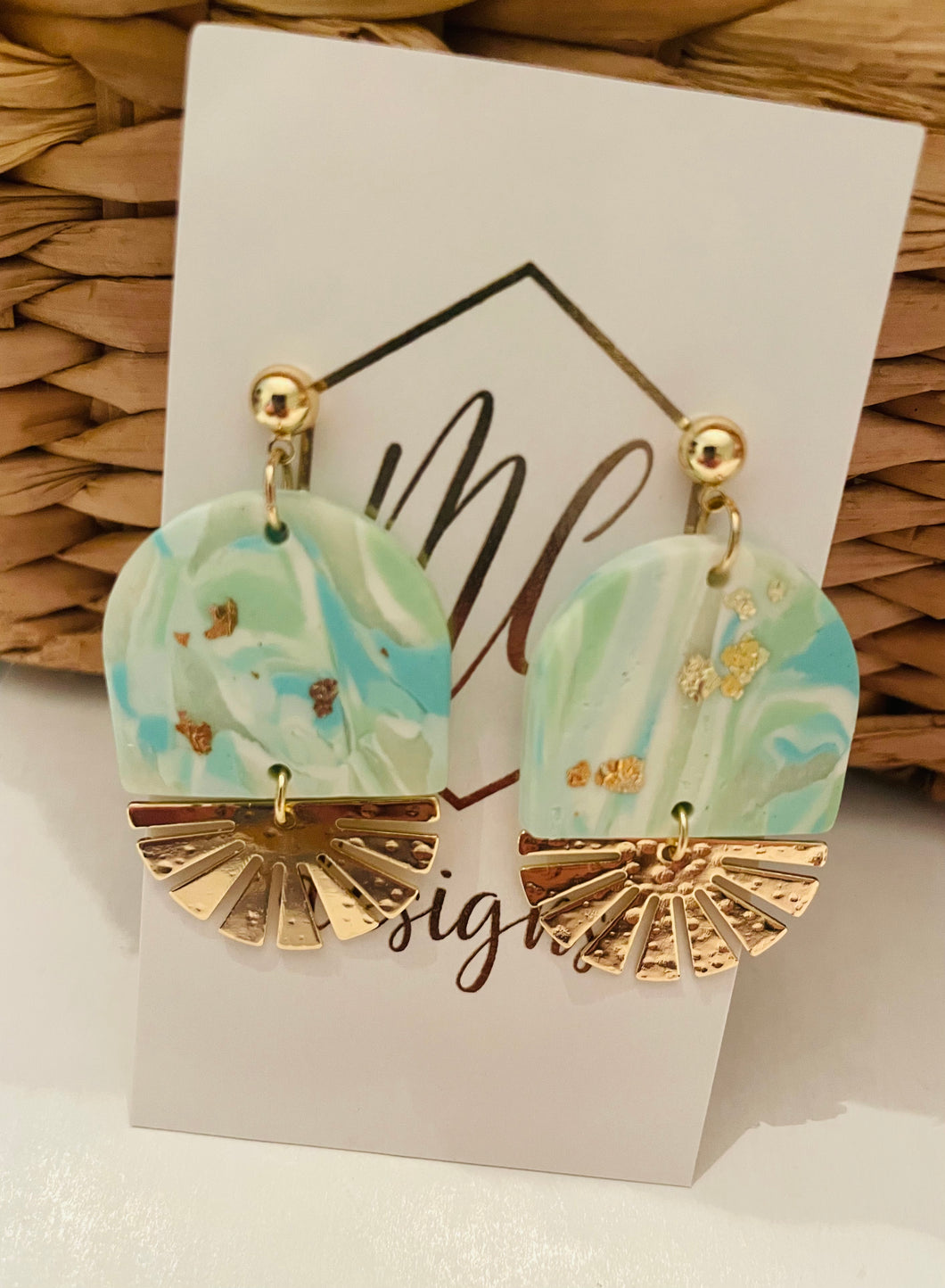 Clay Aqua and Gold Glitter Earrings with Gold Half Moon Sunburst