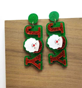 Fun Glitter JOY Santa Christmas Acrylic Earrings