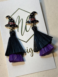 Fun Broom Witch Hat Halloween Earrings