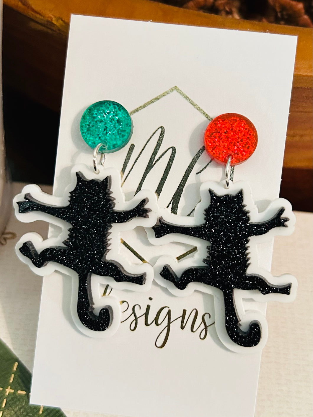 Black Sizzled Christmas Cat Earrings