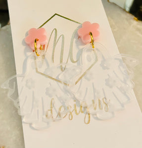 Pink Flower and Clear Ghost Earrings