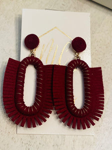 Maroon Leather Fringe Oval Earrings