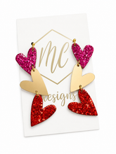 Triple Glitter and Gold Valentine Heart Earrings