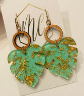 Aqua and Gold Palm Leaf Earrings