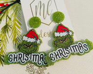 Acrylic Glitter Grinch Christmas Sign Earrings