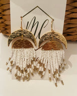 Gold Crescent Moon White and Gold Beaded Earrings