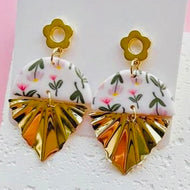 Clay Flower Earrings with Gold Dangle